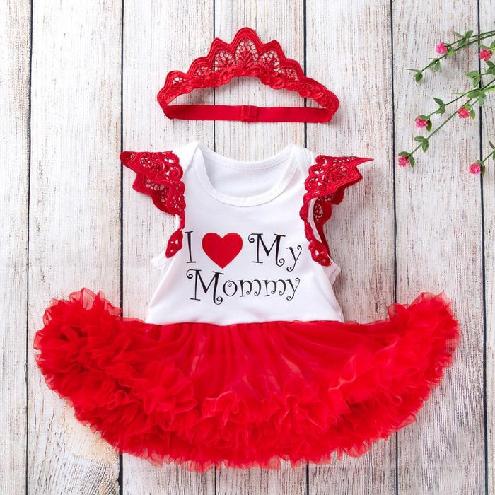 I Love Mommy Print Flutter-sleeve Party Dress with Headband