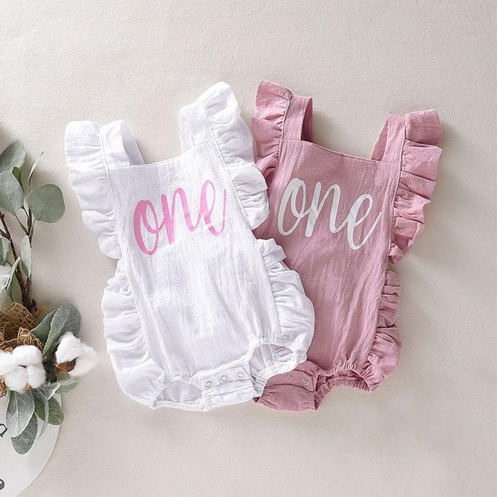 Baby Girl Letter Print Flutter-sleeve Ruffled Solid Bodysuit