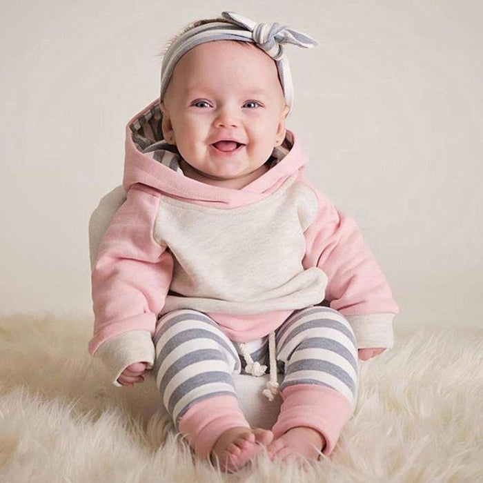 3-piece Cute Color Blocked Striped Hoodie, Tie-up Pants and Headband Set