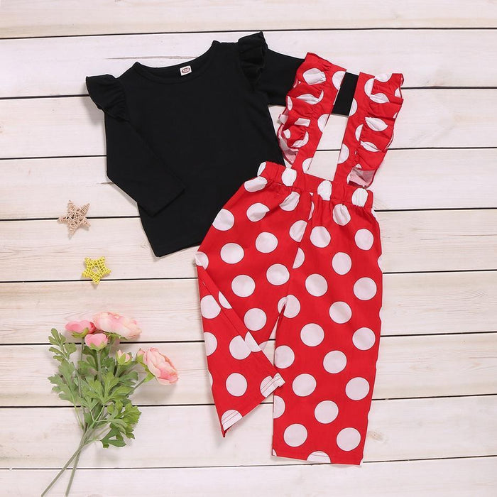 Baby / Toddler Solid Flutter-sleeve Top and Polka Dots Overalls Set