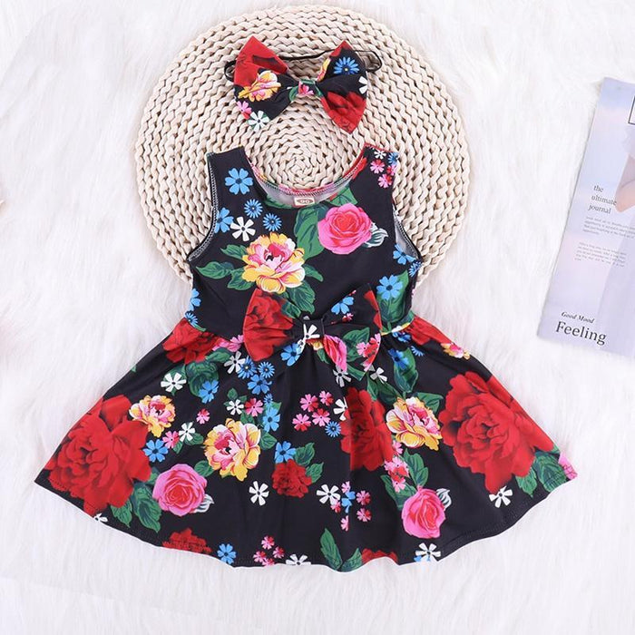Beautiful Floral Sleeveless Dress and Headband for Baby and Toddler Girl