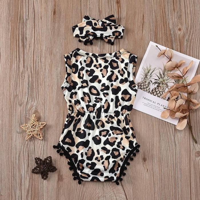 Conjunto de mamelucos sin mangas con decoración de pompones y estampado de leopardo para bebé de 2 piezas con diadema