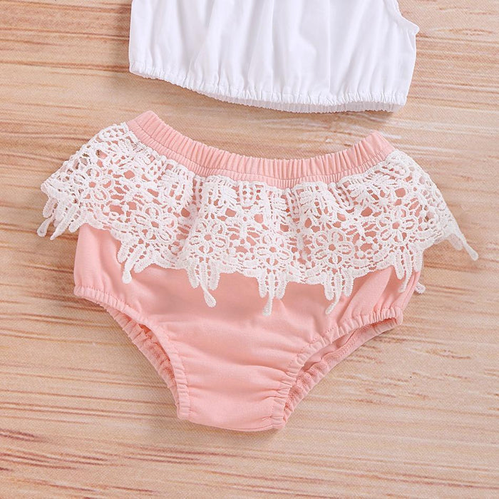 3-piece Baby Solid Off Shoulder Top and Lace Decor Shorts with Headband Set