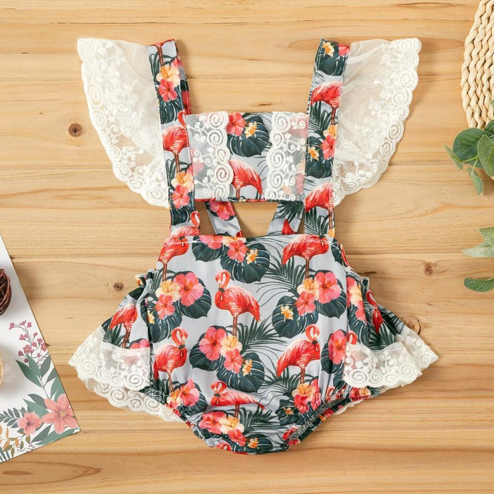 Baby Floral Flamingo Print Lace Flutter-sleeve Onesies