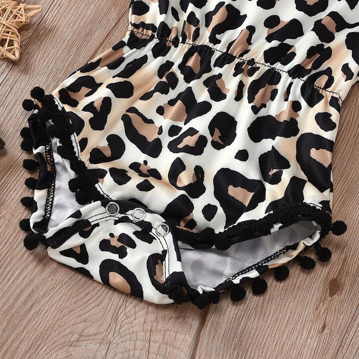 2-delige baby-luipaardprint, pompon-decor, mouwloze rompertjes met hoofdband