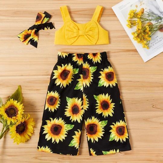 Bowknot Strappy Top Sunflower Printed Baby Set