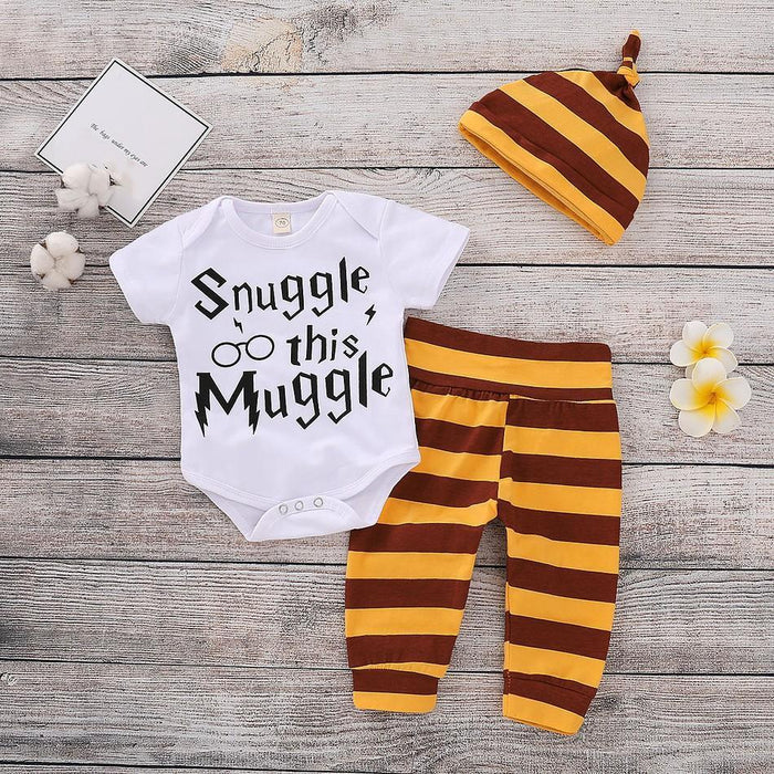 3-piece Letters Print Bodysuit Stripes Pants with Hat for Baby