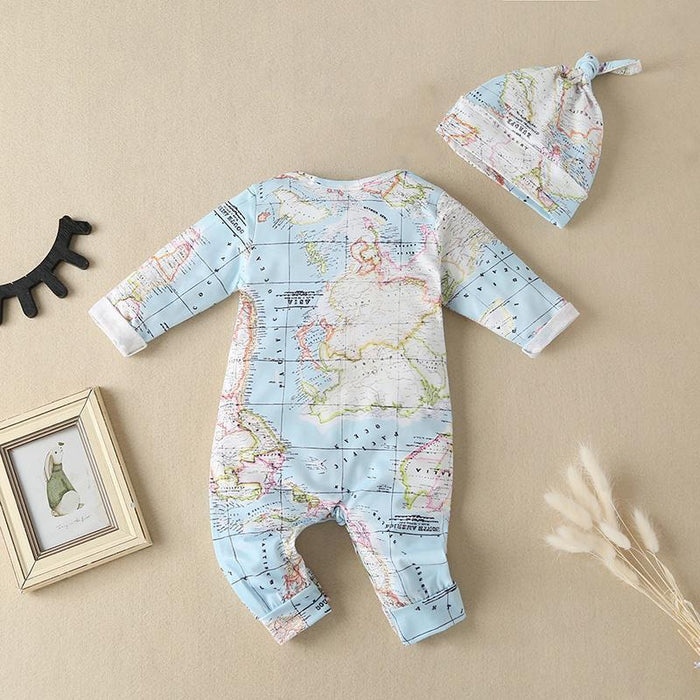 Mono de manga larga con estampado de mapas de algodón para bebé de 2 piezas, Diadema