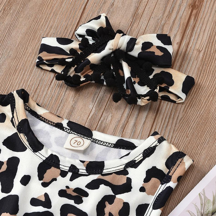 2-piece Baby Leopard Print Pompon Decor Sleeveless Rompers with Headband Set