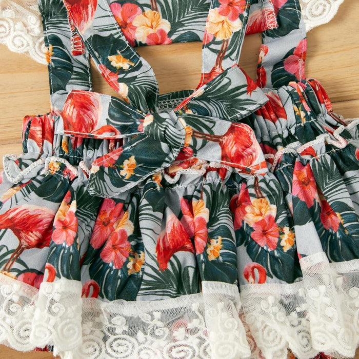 Bebé Mono con estampado floral de flamencos y encaje con mangas onduladas