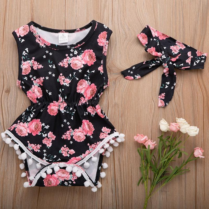 Baby Rose Floral Pompon Decor Bodysuit and Headband