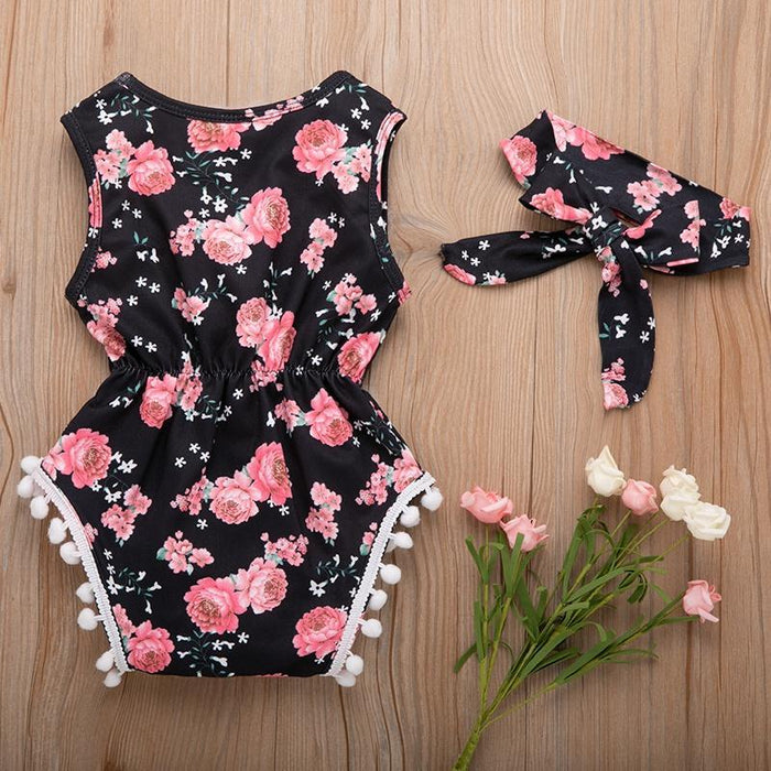 Baby Rose Floral Pompon Decor Bodysuit and Headband