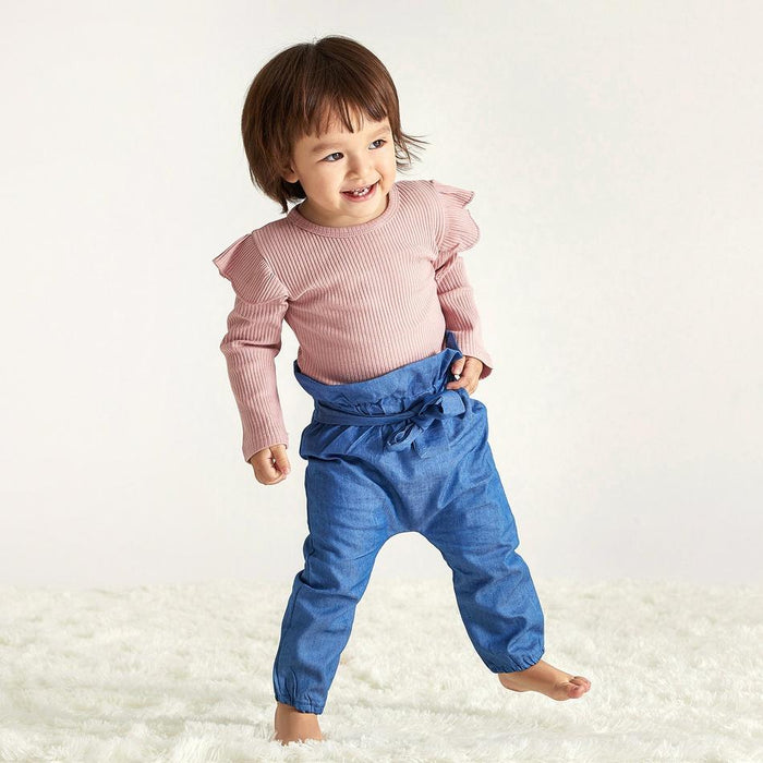 Baby Girl Dark Pink Ruffled Shoulder Bodysuit and Bowknot Jeans Set