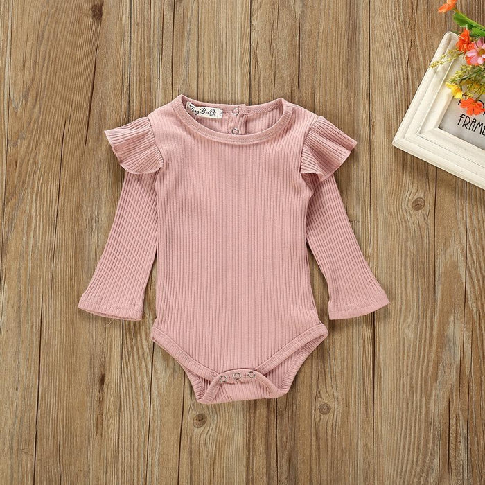 Baby Girl Dark Pink Ruffled Shoulder Bodysuit and Bowknot Jeans Set