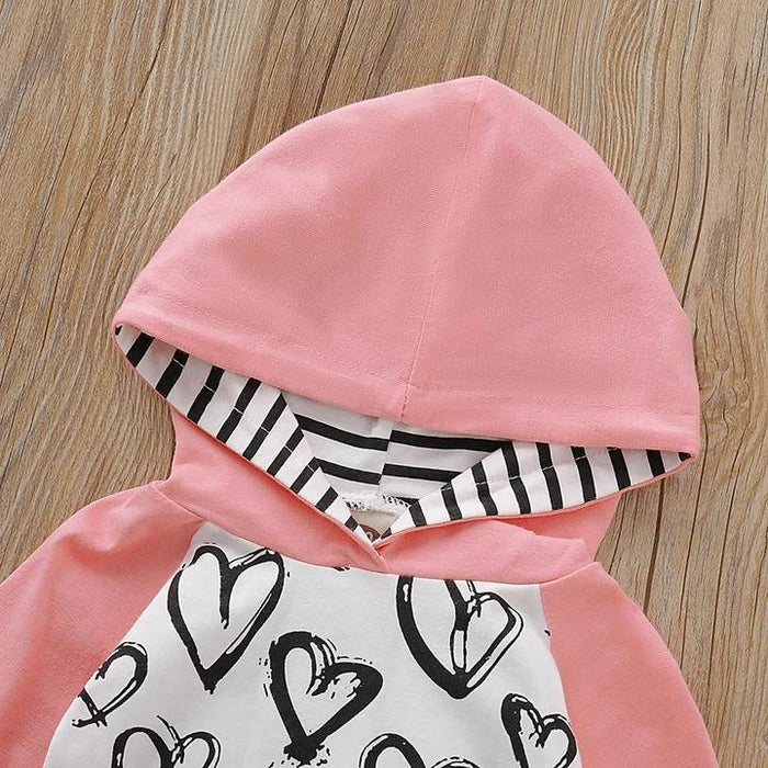 Sweet Heart Printed Hoodie with Solid Pants Set