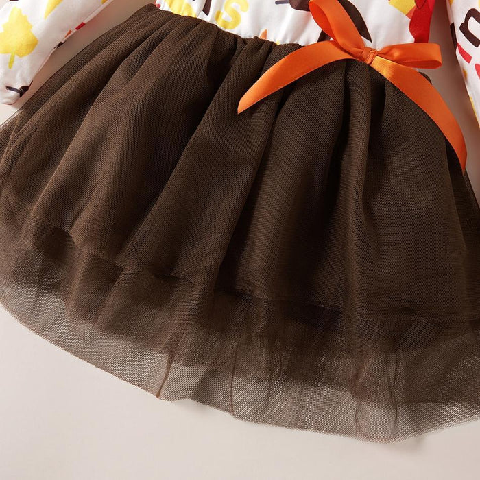 Conjunto de 2 piezas de vestido de manga larga de tul y diadema con lazo para el Día de Acción de Gracias para bebés y niños pequeños