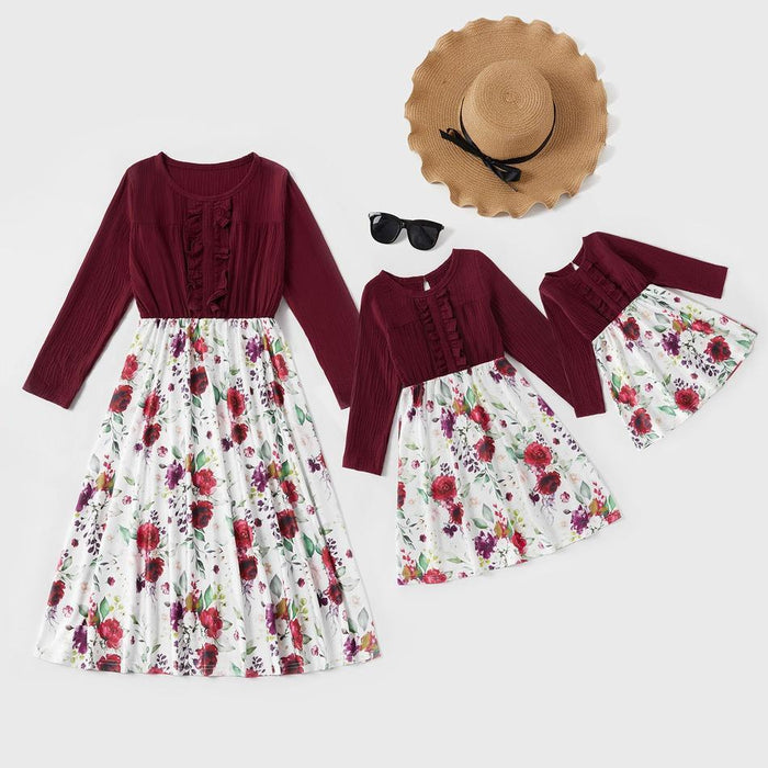 Mommy and Me Floral Print Stitching Solid Long-sleeve Dresses
