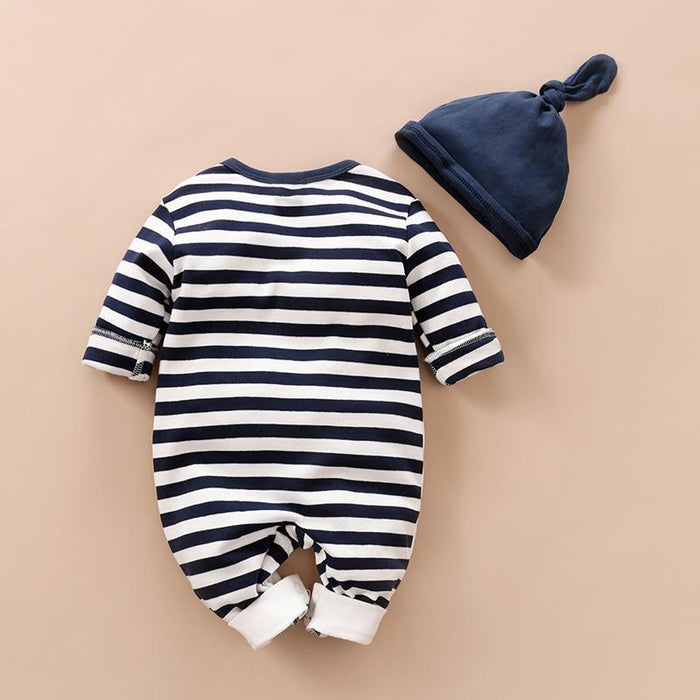 Lovely Striped Penguin Print Long-sleeve Jumpsuits and Hat Set for Baby Boy(loose shape)
