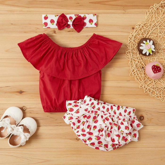 Baby Girl Sweet Solid Top and Strawberry Allover Shorts with Headband