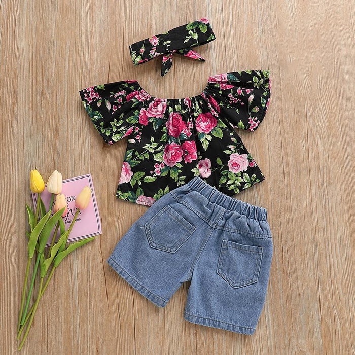 Baby Comfy Floral Top and Denim Shorts Set with Headband