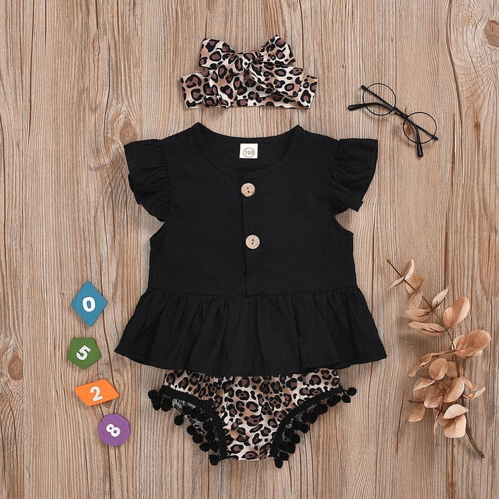 Baby Casual Solid Flare-sleeve Top and Floral Shorts Set