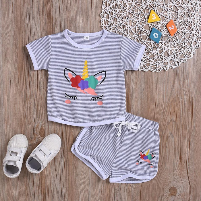 Unicorn Print Short-sleeve Top and Tie-up Shorts Set