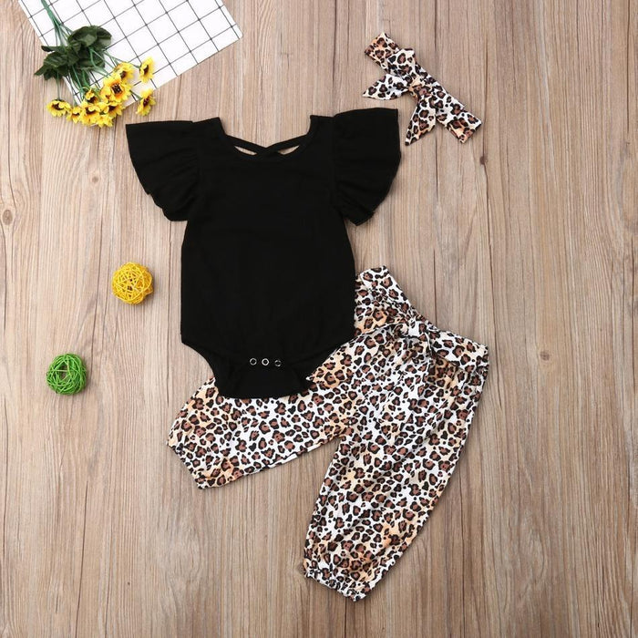 3-piece Baby Girl Solid Flutter-sleeve Bodysuit and Leopard Print Pants with Headband Set