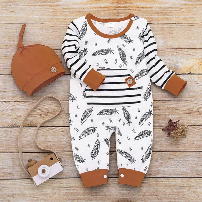 Baby Beautiful Leaf Allover Pocket Design Long-sleeve Jumpsuit and a Hat