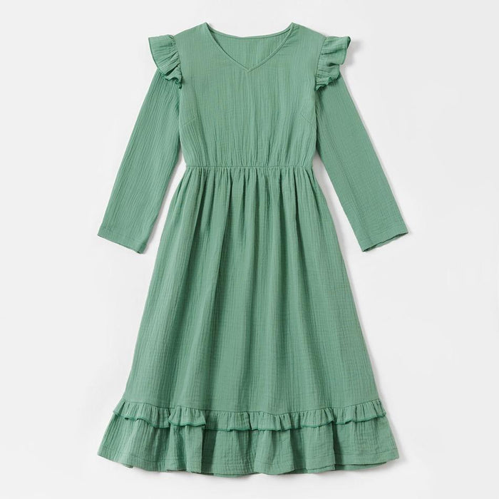 Mommy and Me Ruffle and Lace Decor Solid Long-sleeve Dresses
