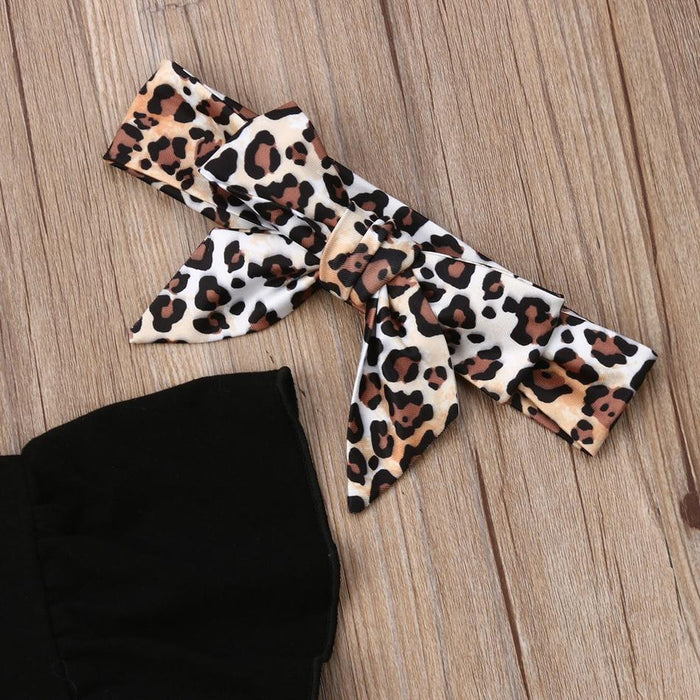 3-piece Baby Girl Solid Flutter-sleeve Bodysuit and Leopard Print Pants with Headband Set