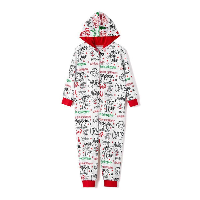 Pijamas a juego con mono con capucha y estampado de letras navideñas