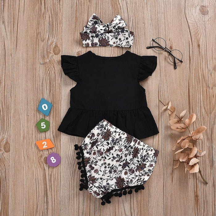 Baby Casual Solid Flare-sleeve Top and Floral Shorts Set