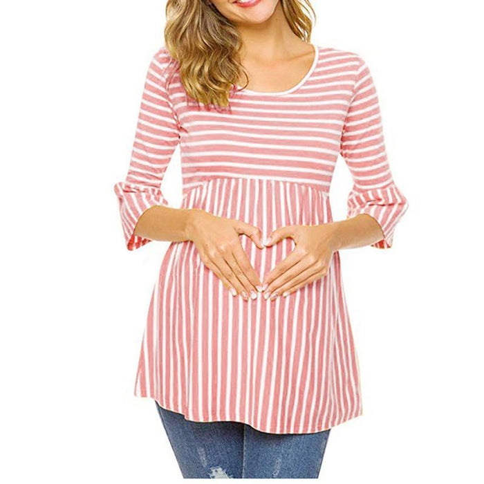 Casual Striped Crop-sleeve Maternity Tee