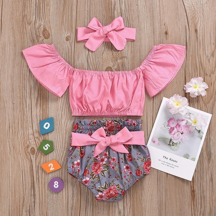 Baby Girl Dots Print Top and Floral Shorts Set with Headband
