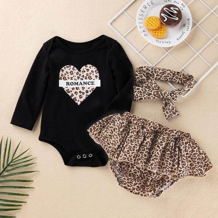 Leopard Letter Print ROMANCE Romper and Shorts with Headband Set