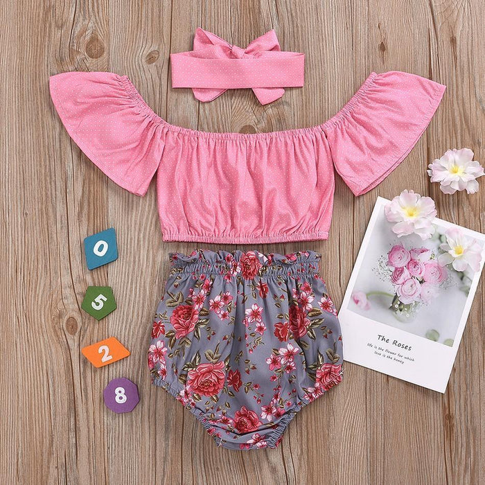 Baby Girl Dots Print Top and Floral Shorts Set with Headband