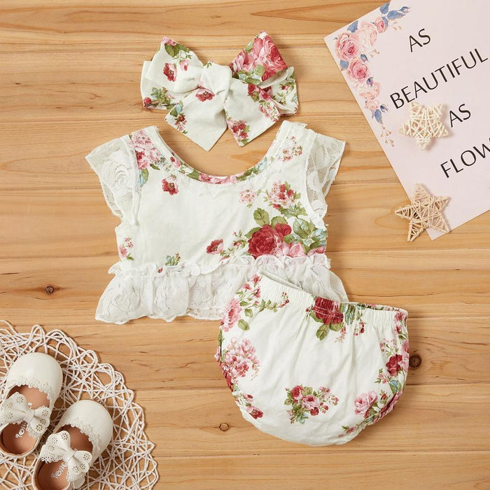 3-piece Baby Girl Cute Floral Lace Top and Shorts Set