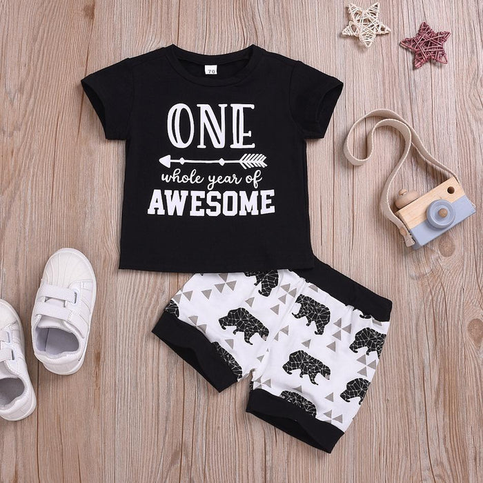 Cool Boy Letter Print Tee and Bear Print Solid Shorts Set
