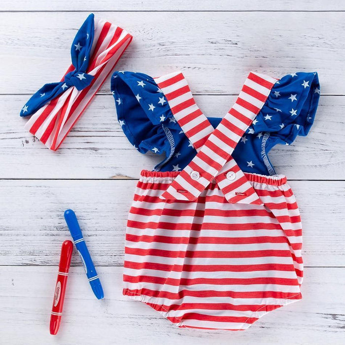 2-piece Stars and Striped 4th of July Independence Day Flutter-sleeve Rompers with Headband Set