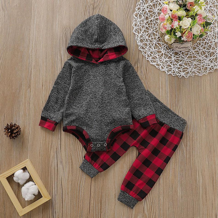 Baby Boy Trendy Solid Long-sleeve Hooded Bodysuit and Plaid Pants Set