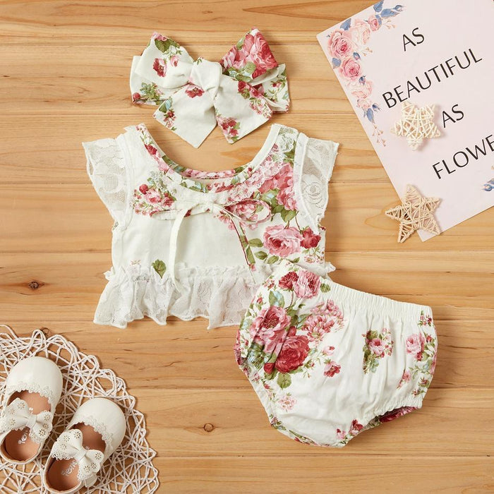 3-piece Baby Girl Cute Floral Lace Top and Shorts Set