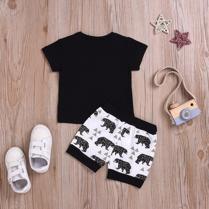 Cool Boy Letter Print Tee and Bear Print Solid Shorts Set