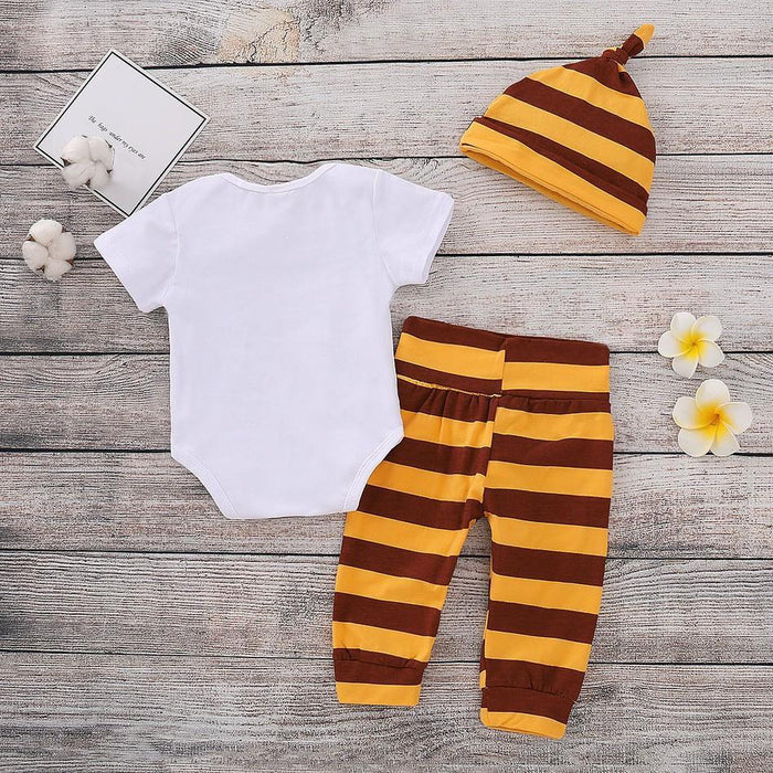 3-delige bodysuit met lettersprint, strepen, broek met mutsje voor baby