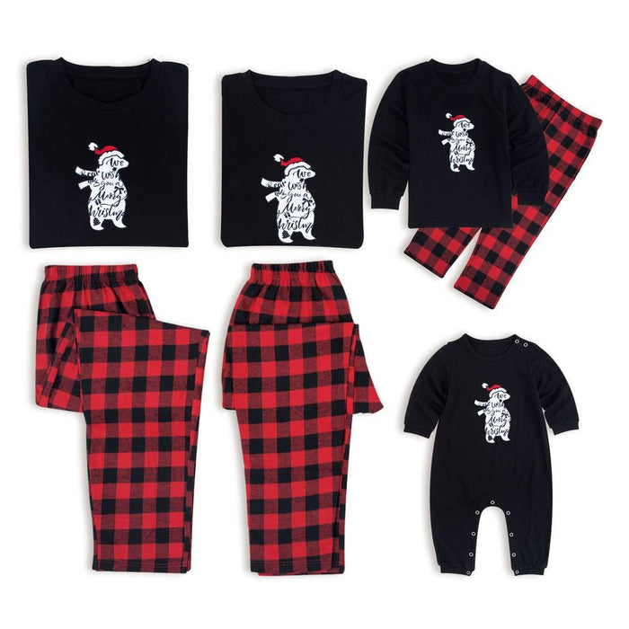 Bear Wearing Christmas Hat Plaid Family Matching Pajamas Set