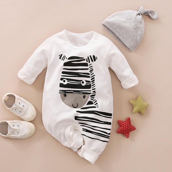 Playful Zebra Long Sleeve Cotton Jumpsuit in White with Hat for Baby Boy and Newborn