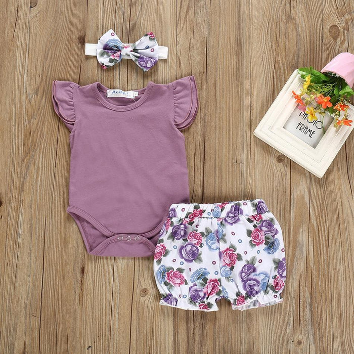 3-piece Ruffled Bodysuit, Floral Pant and Headband Set