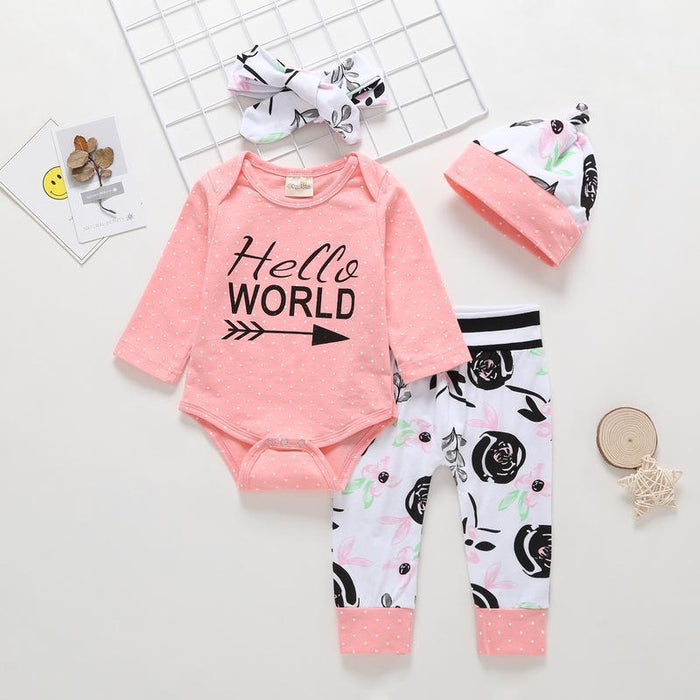Hello-World Letter Print Romper & Floral Pant with Headband