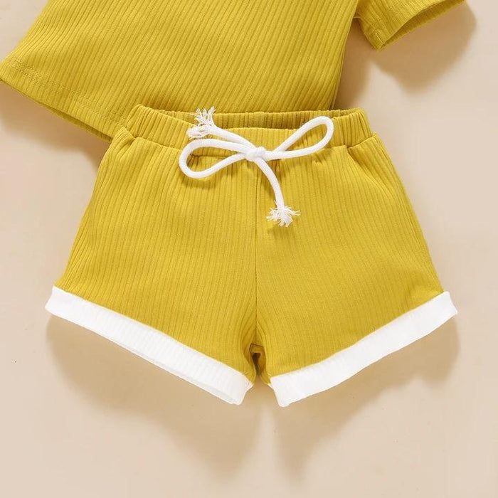2PCS Rib Fabric Solid Top with Short Pants Baby Set