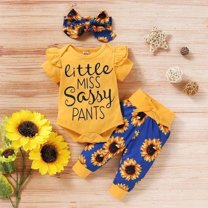 Letter Printed Bodysuit with Sunflower Printed Set
