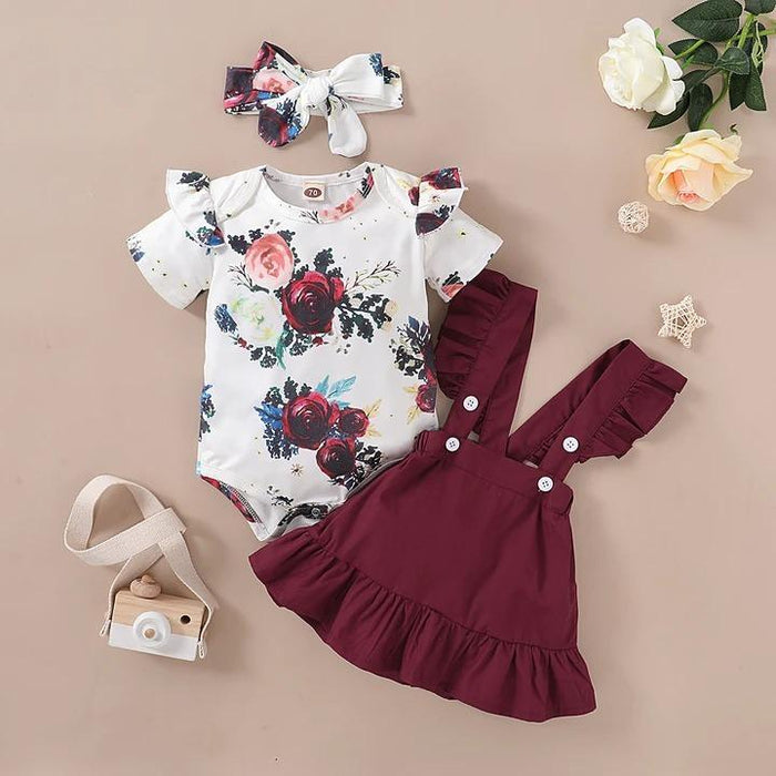 3PCS Shortsleeve Floral Bodysuit with Solid Skirt Baby Set